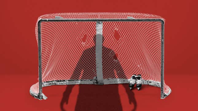 A silhouette of an adult looms over an empty hockey net on a red background, with a pair of children's hockey skates. 
