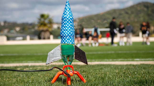 water rocket set up and ready to launch