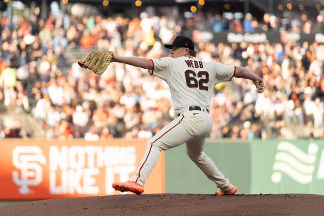 Jul 3, 2023; San Francisco, California, USA;  San Francisco Giants starting pitcher Logan Webb (62) pitches during the first inning against the Seattle Mariners at Oracle Park.