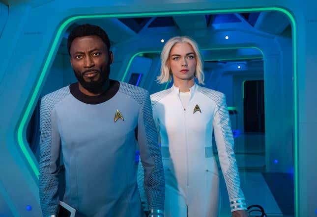 Babs Olusanmokun as MíBenga and Jess Bush as Chapel in Star Trek: Strange New Worlds.