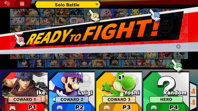 the super smash bros ultimate character selection screen with ike luigi yoshi and one person on random