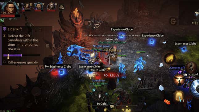 Diablo Immortal, inside an Elder Rift, with Experience Globes all over the floor.