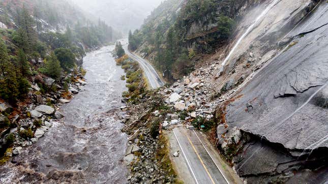 Landslide blocking road and river