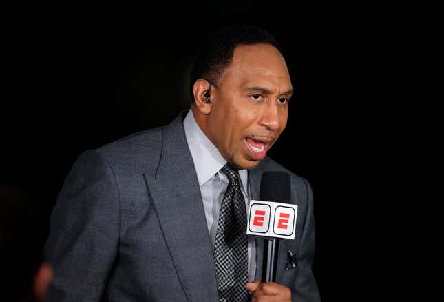 A photo of sportscaster Stephen A. Smith with an ESPN microphone