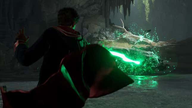 A character performing the killing curse in Hogwarts Legacy