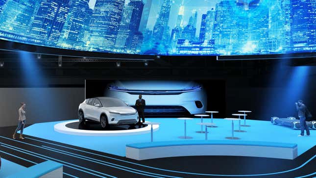 Digital rendering of the Chrysler Airflow EV concept on display.