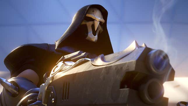 Reaper holds a smoking shotgun in a screenshot from an original Overwatch cinematic.