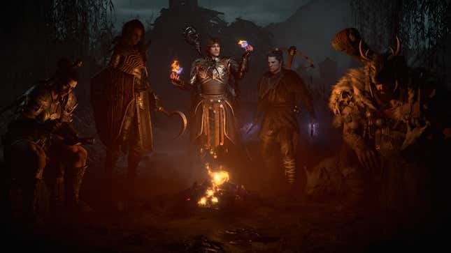 A party of adventurers gathers around a fire in the dark. 