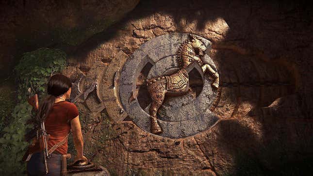Chloe stares at a horse puzzle in Uncharted: Lost Legacy.