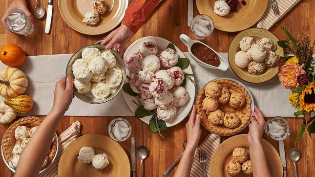 Thanksgiving dinner spread entirely made of ice cream