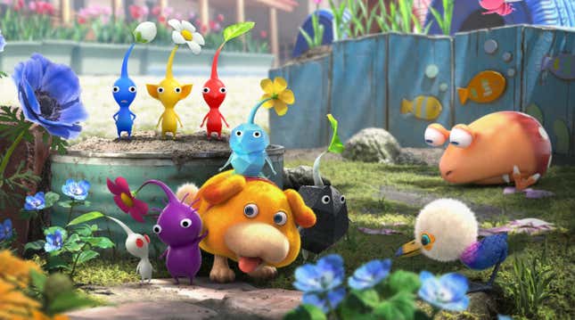 Some Pikmin and other creatures are seen in closeup in what looks like a backyard garden.