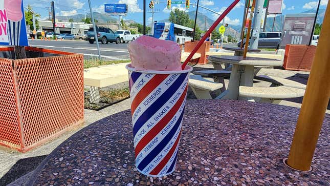 A strawberry and peach “mini” shake at Iceberg Drive Inn.