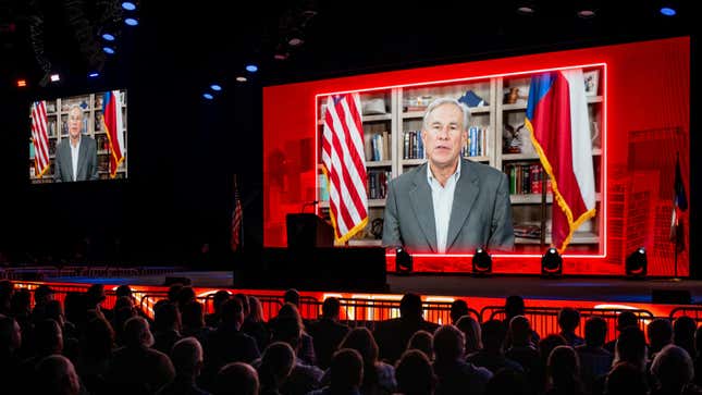 A video recording of Texas Gov. Greg Abbott plays during the National Rifle Association (NRA) annual convention on May 27, 2022 in Houston, Texas. The annual event came days after the mass shooting in Uvalde, Texas left 19 children and 2 adults dead.