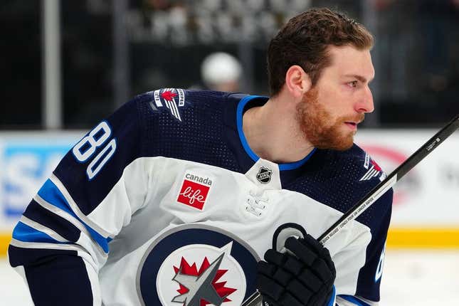 Apr 20, 2023; Las Vegas, Nevada, USA; Winnipeg Jets left wing Pierre-Luc Dubois (80) warms up before the start of game two of the first round of the 2023 Stanley Cup Playoffs against the Vegas Golden Knights at T-Mobile Arena.