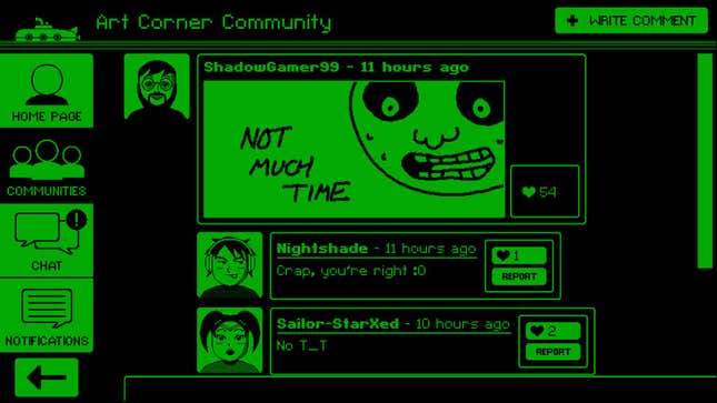 In a reference to Majora's Mask, a giant moon with a spooky face is seen looking down in a piece of art on the "art corner community" board, along with the words NOT MUCH TIME.