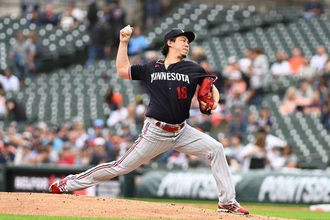 Jun 23, 2023; Detroit, Michigan, USA; Minnesota Twins starting pitcher Kenta Maeda (18) throws a pitch against the Detroit Tigers in the first inning at Comerica Park.