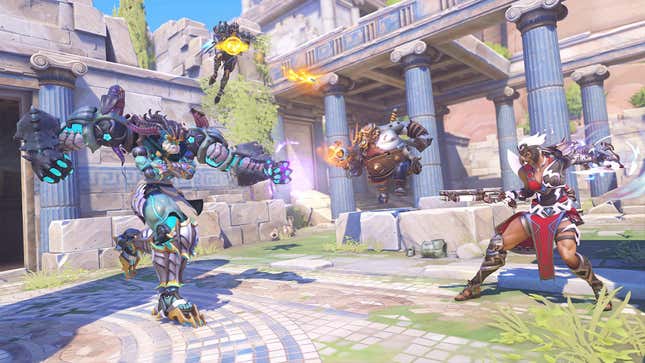 Ramattra, Pharah, Roadhog, and Junker Queen are shown facing off.