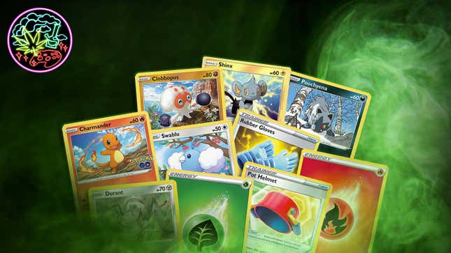 Multiple Pokémon cards are seen in a cloud of green smoke. 