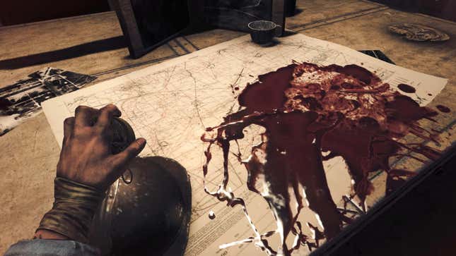 A map in The Bunker is splattered with thick red blood.
