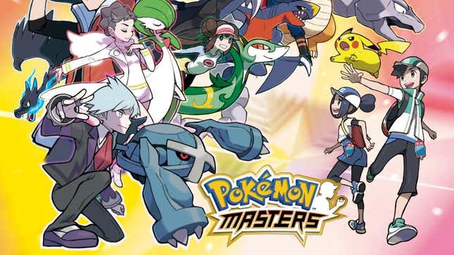 The cast of Pokemon Masters is seen against a yellow and red background.