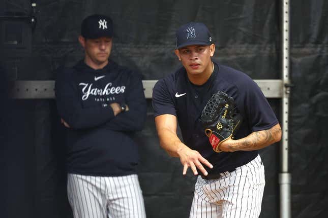 Feb 16, 2023; Tampa, FL, USA; New York Yankees relief pitcher Jonathan Loaisiga (43) pitches during spring training practice at George M. Steinbrenner Field.