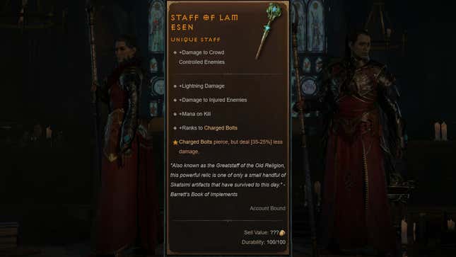A composite image shows stats for the Staff of Lam Esen.