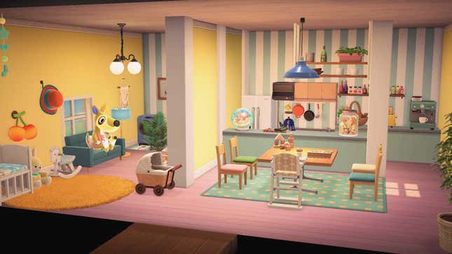 A home design in Animal Crossing featuring a connected living room and kitchen.