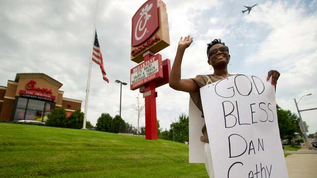 Sheila Smith wears a sign showing support for Chick-fil-A President Dan Cathy outside the fast food chain’s store on Union Avenue in Memphis, Tenn. Wednesday, Aug. 1, 2012 during “Chick-fil-A Appreciation Day.”