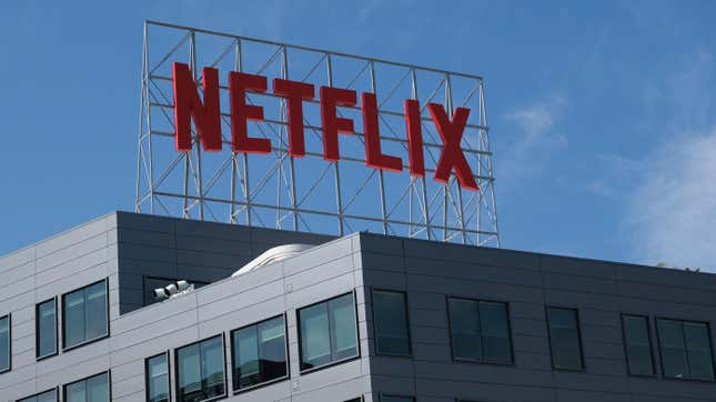 The Netflix logo on top of a large office building in Hollywood, California.