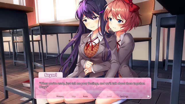 Anime girls hold each other in Doki Doki Literature Club Plus for the Nintendo Switch