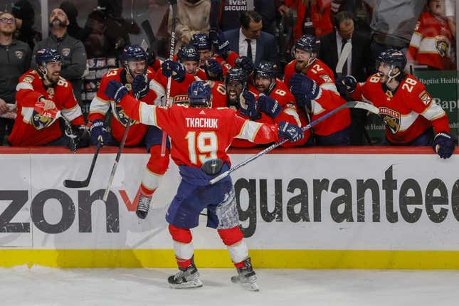May 24, 2023; Sunrise, Florida, USA; Florida Panthers left wing Matthew Tkachuk (19) celebrates with teammates after scoring the game-winning goal against the Carolina Hurricanes during the third period in game four of the Eastern Conference Finals of the 2023 Stanley Cup Playoffs at FLA Live Arena.