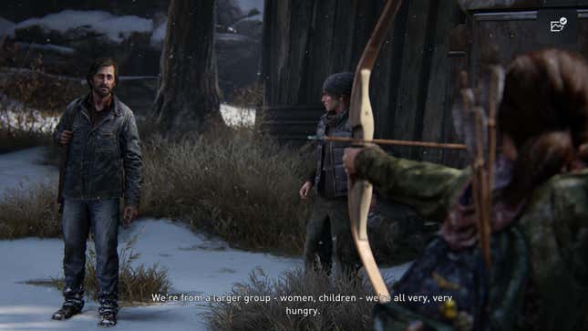 David, held at bow-and-arrow-point by Ellie, says "We're from a larger group--women, children--we're all very, very hungry" in a moment from the game The Last of Us.