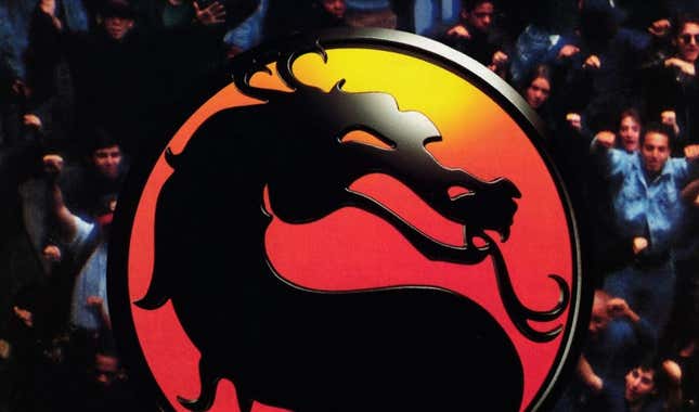Promotional art for Mortal Kombat shows the dragon logo overtop of people cheering. 