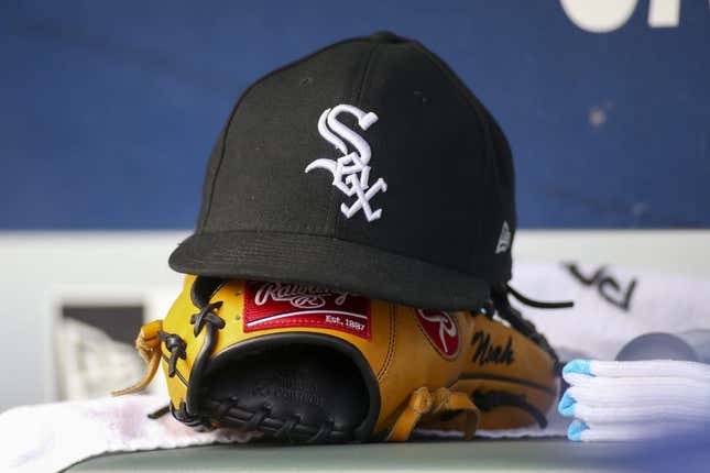 Sep 1, 2019; Atlanta, GA, USA; Detailed view of Chicago White Sox hat and glove against the Atlanta Braves in the third inning at SunTrust Park.