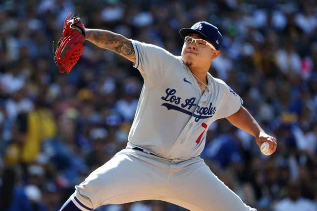 May 7, 2023; San Diego, California, USA;  Los Angeles Dodgers starting pitcher Julio Urias (7) throws a pitch during the first inning against the San Diego Padres at Petco Park.