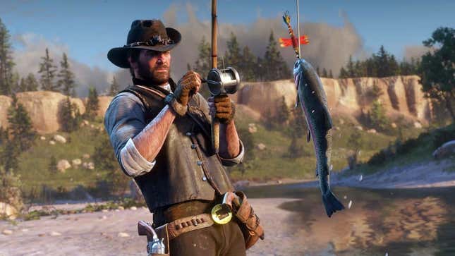 Red Dead Redemption's Arthur Morgan catches a big fish. 