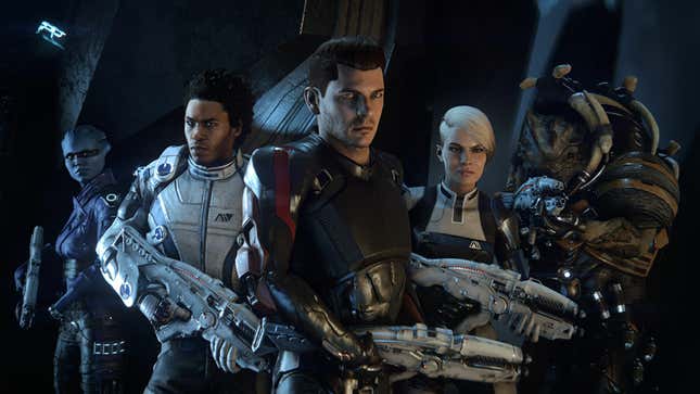 Ryder, Liam, Peebee, Cora, and Drack are seen standing with their guns drawn.
