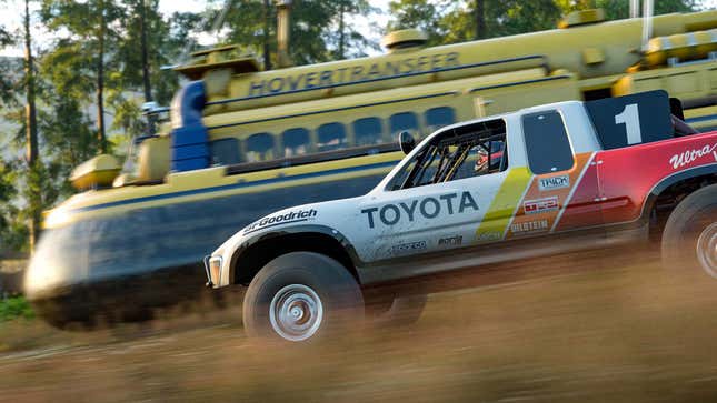A screenshot shows a Toyota jeep racing a large hovercraft in Forza. 