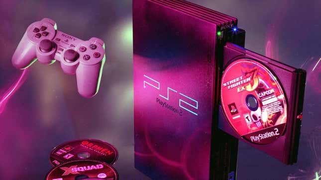 A PS1 controller and PS2 sit on a table in pink light. 