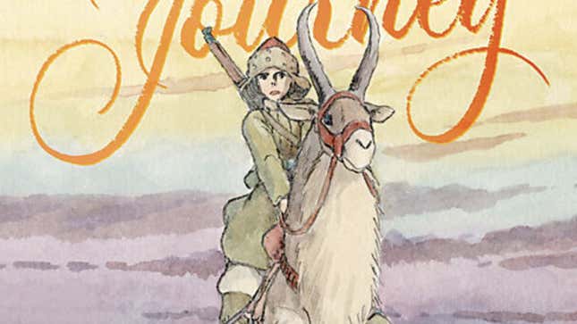The cropped cover of Shuna's Journey by Hayao Miyazaki depicting a young man in clothing inspired by the tribes of the Tibetan steppes riding a large goat/gazelle creature.