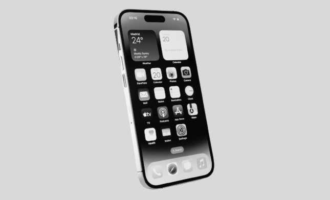 A greyscale photo of an iPhone 14 against a grey background