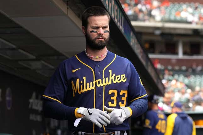 May 7, 2023; San Francisco, California, USA; Milwaukee Brewers designated hitter Jesse Winker (33) before the game against the San Francisco Giants at Oracle Park.