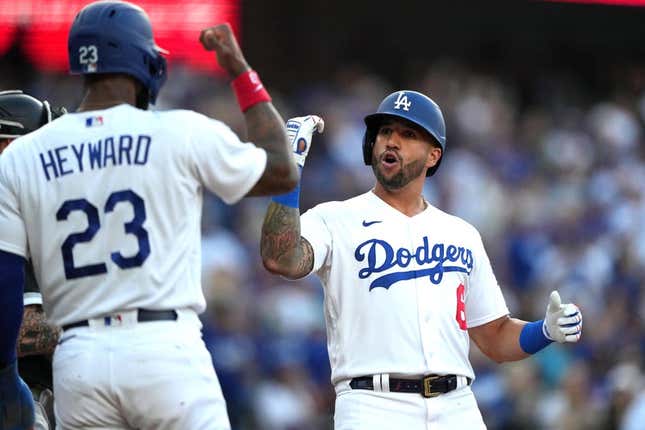 Jun 13, 2023; Los Angeles, California, USA; Los Angeles Dodgers left fielder David Peralta (6) celebrates after hitting a two-run home run in the first inning against the Chicago White Sox at Dodger Stadium.