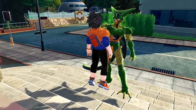 An image of first-form Cell choking out a civilian in Dragon Ball: The Breakers.