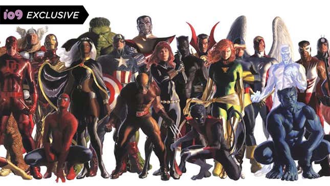 A section of Alex Ross' Marvel: Heroes mural, including Spider-Man, the X-Men, Captain America, and more.
