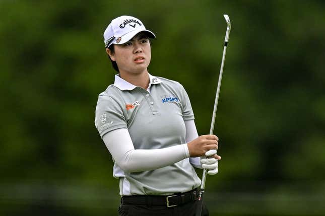 Jun 23, 2023; Springfield, New Jersey, USA; Yuka Saso tees off on the 4th hole during the second round of the KPMG Women&#39;s PGA Championship golf tournament.