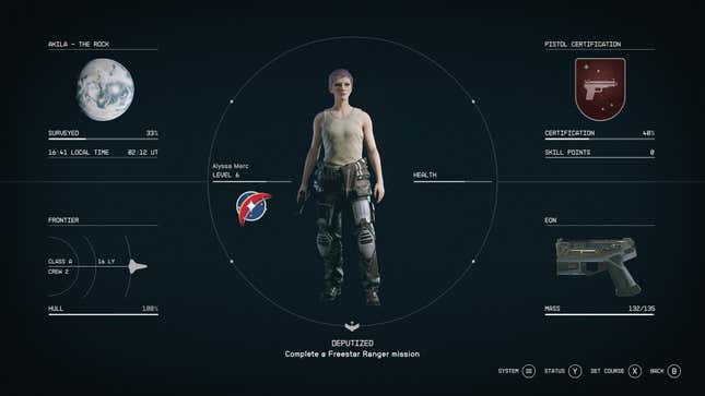A screenshot from Starfield's main in-game menu, which shows a player-character in the center (purple-haired, in a tanktop) and the other menu options in four quadrants.