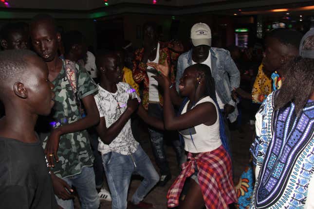 A group parties during a Sunday afternoon at a club in Juba, South Sudan.
