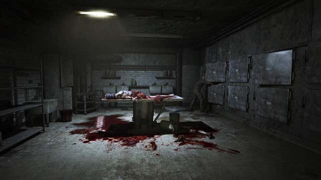 A dismembered body lies on a table in Outlast.