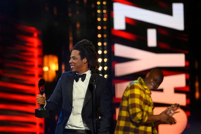 JAY-Z speaks during the Rock &amp; Roll Hall of Fame induction ceremony, Saturday, Oct. 30, 2021, in Cleveland.
